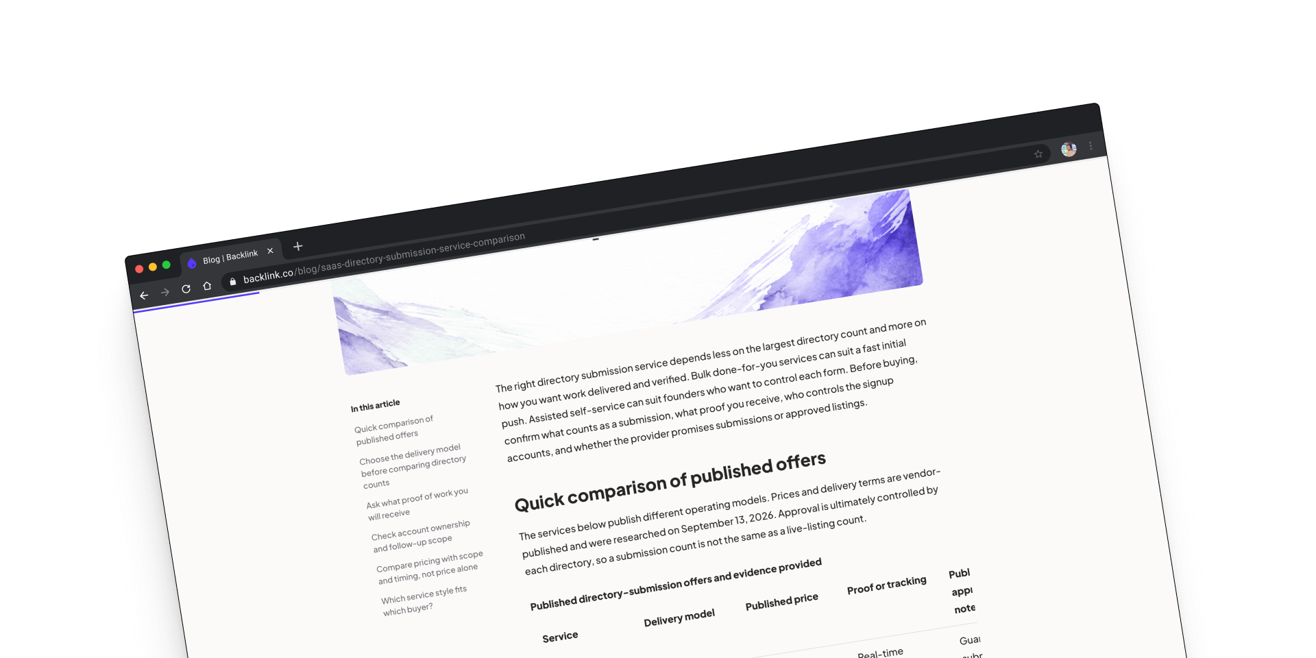 A published directory submission comparison article with branded visuals, contents navigation and a comparison table in a tilted browser window.